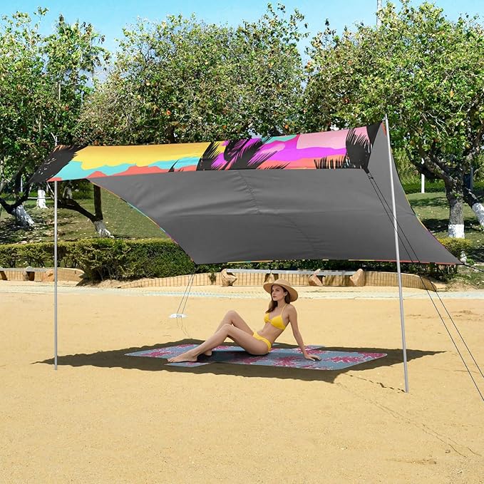Beach Canopy with Windproof Ropes &amp Sandbags Beach Tent Sun Shade Sun Shelter for Camping Trips Fishing Backyard Fun or Picnics Palm Tree