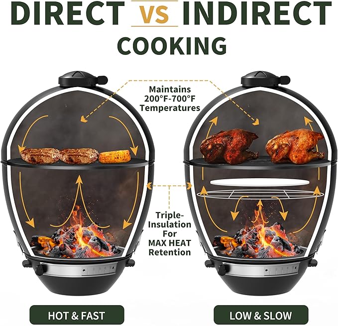 Brand-Man Charcoal Grill &amp Smoker Steel Kamado - 22 Cast Iron Grates Grilling Basket Large Prep Table Cart Ideal for Outdoor Cooking