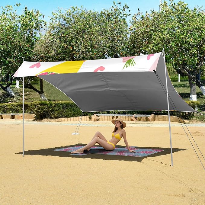 Beach Canopy with Windproof Ropes &amp Sandbags Beach Tent Sun Shade Sun Shelter for Camping Trips Fishing Backyard Fun or Picnics Bouquet