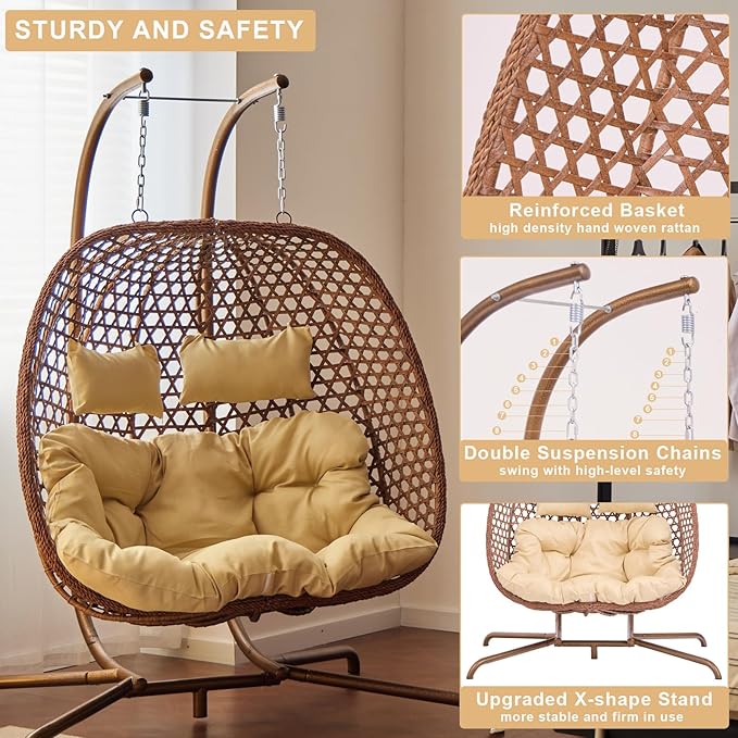 Double Swing Egg Chair with Stand Hexagon Rattan Wicker Swing Chair Outdoor Large 2 Person Patio Hanging Chair with Foldable Loveseat Removable Cushions (Beige)