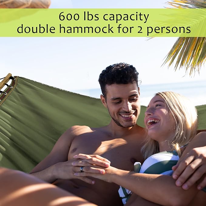 Tranquillo Double Hammock 2 Persons Cotton Canvas 600 lbs Portable Camping Hammock with Solid Curved Wood Spreader Bar Hammock for Camping Travel Indoor Patio Garden Sage