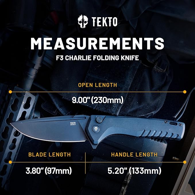 TEKTO F3 Charlie Button Lock Folding Knife Oversized Fine Edge Blade - Easy Open Pocket Knife with Titanium Coated D2 Steel &amp Black Titanium Barrel Spacers