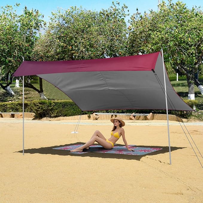 Red Purple Gradient Beach Tent &amp Canopy UPF50+ Protection Water-Resistant Large Sun Shelter with Sandbags Sand Shovel Poles for Camping Fishing Backyard Fun