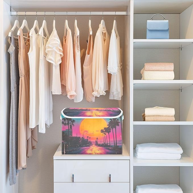 Storage Cube with Lid Tropical City Print 16.5×12.6×11.8 IN 1 Pack Collapsible Large Capacity Foldable Storage Basket Bin Organizer