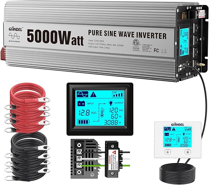5000Watt Pure Sine Wave Power Inverter ETL UL458 Listed 12V DC to 110V 120V AC with Hardwire Terminals &amp Push Mount Remote for Off Grid Solar System Boats Campers by GIANDEL