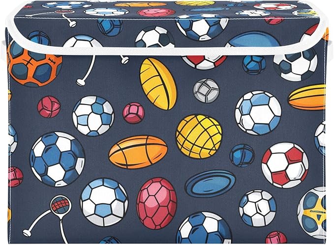 Sports Balls Lidded Storage Bins with Handles - 16.5x12.6x11.8 Foldable Organizing Box Oxford Fabric &amp Honeycomb Board Dust-Proof Flip Lid for Closet/Office