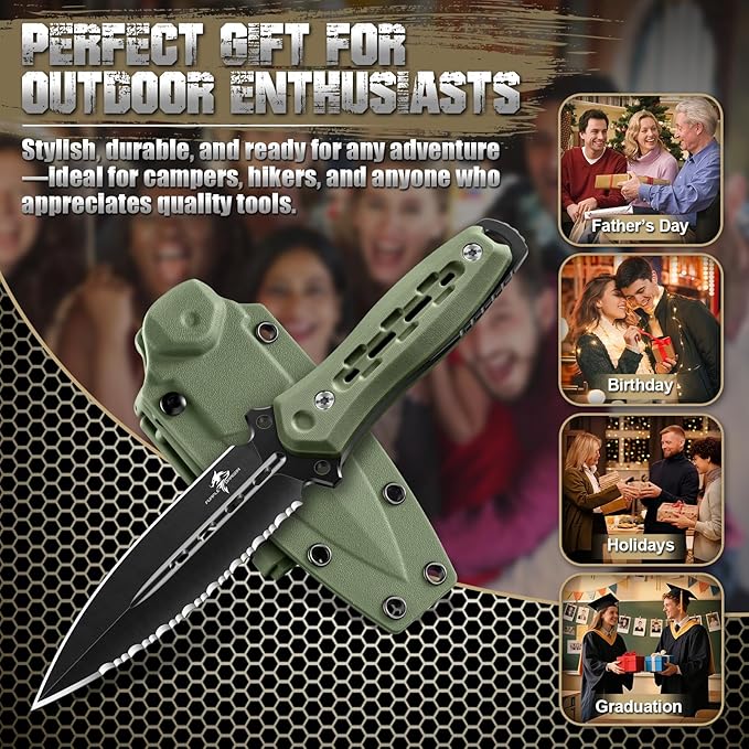 Purple Dragon Fixed Blade Knife with Kydex Sheath440C Steel Full Tang Outdoor Utility Knife with G10 Handle for Camping HikingBushcraft &amp Outdoor Use-Green