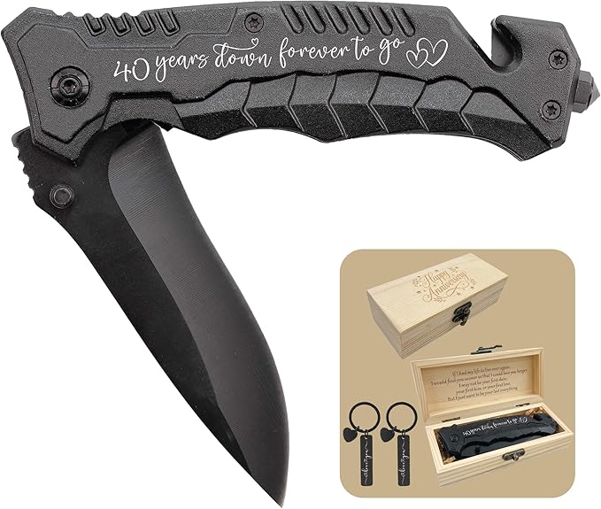 40 Years Wedding Anniversary Keepsake Him 40th Ruby Anniversary Present for Husband 40 Years Marriage Men Gift Idea Engraved Pocket Knife with Wood Box Hunting Camping Fishing Folding Knives