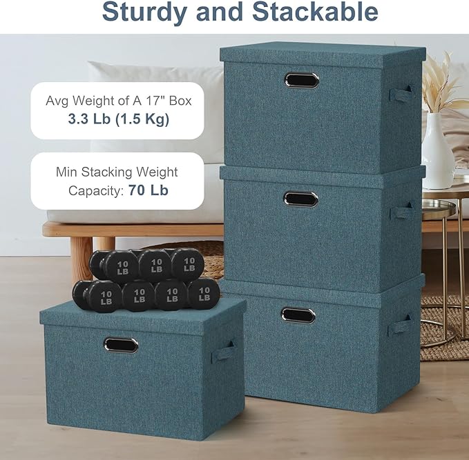 Graciadeco Large 17 36 Quart Collapsible Stackable Storage Bins with Lids 3 Packs Blue-Green Linen Fabric Closet Boxes with Lids Storage Cube Baskets Container Organizers for Bedroom (17x12x11)