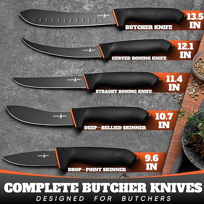 Golden Bird Butcher Knife Set - Non-slip Skinning Knife Set with Roll Bag Professional Game Processing Knives Sets - Butcher &amp Skinning Boning Knives with German Stainless Steel Gift for Men