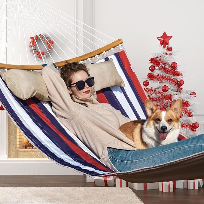 Double Hammock 11 FT Quilted Fabric 2 Person Hammock for Outside with Pillow Folding Curved Spreader Bar Chains Carrying Bag Indoor Outdoor 450 IB Capacity Trinidad Red