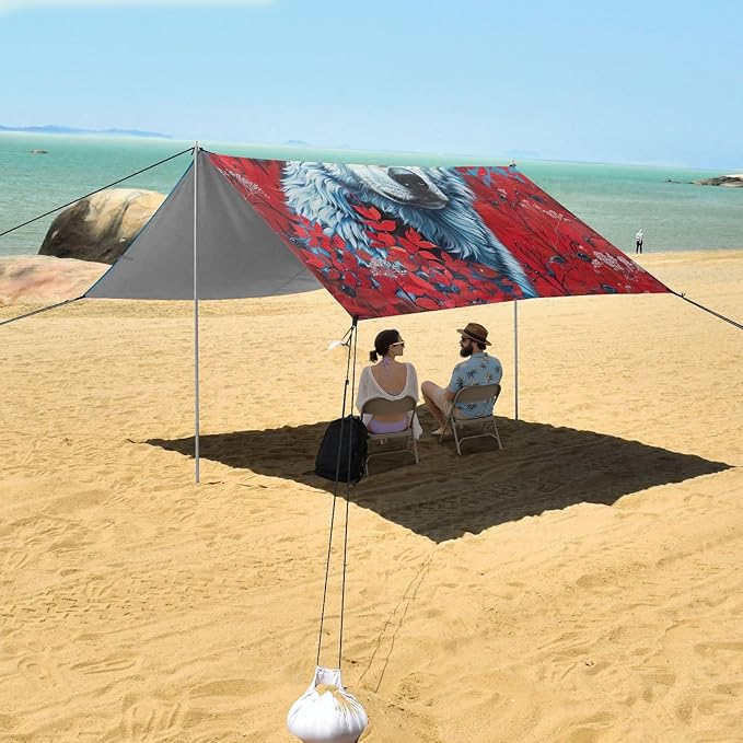 ALAZA Wolf Flower Red Leaf Beach Tent Sun Shelter UPF50+ Protection Beach Shade Canopy w/ 4 Sandbags for Outdoor Camping Fishing Backyard Fun Picnic 10x9 ft