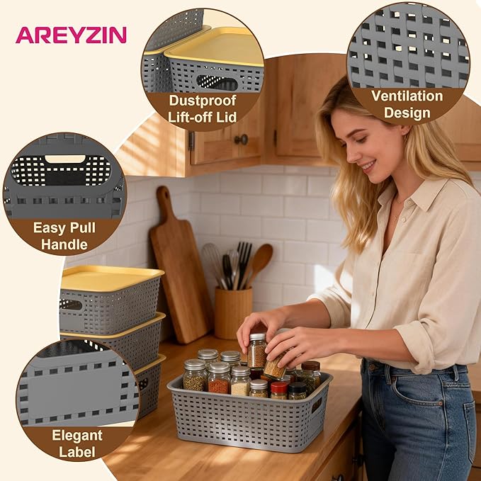 AREYZIN Plastic Storage Bins with LidStackable Storage Bins and Storage Baskets for ShelvesSmall Baskets for Organizing Small Storage Bins10.2x7.2x4.1 Inch6-Pack Gray