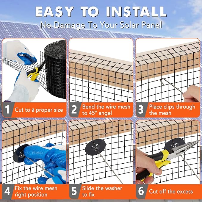 6In x 100Ft 1/2-Inch Grid Solar Panel Bird Guard Kit | Heavy-Duty PVC Coated Mesh with 100 Fastener Clips 100 Cable Ties Gloves &amp Pliers for Bird &amp Critter Control
