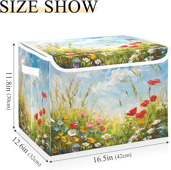 senya Large Storage Bins with Linen Oil Painting Flower Collapsible Foldable Storage Cubes Fabric Closet Organizer Containers Box with Flip-Top Lid for Home Bedroom Office 16.7 x 12.6 x 11.8in