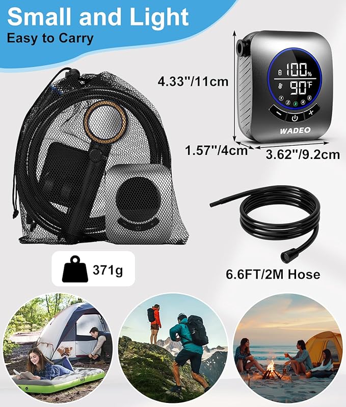 WADEO Portable Shower for Camping 8000mAh Rechargeable Camping Shower Pump with 5 Pressure Levels Fahrenheit Display IPX8 Waterproof for Outdoor Camping Travel Car Washing Pet Bathing
