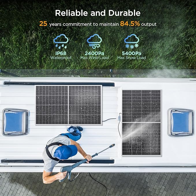 N-Type 16BB 400W Bifacial Solar Panel 2×200W Solar Panels for 12V/24V Battery Systems 25% High Efficiency Dual-Module Anti-Shade Design for RV Van Marine Rooftop Home Off-Grid