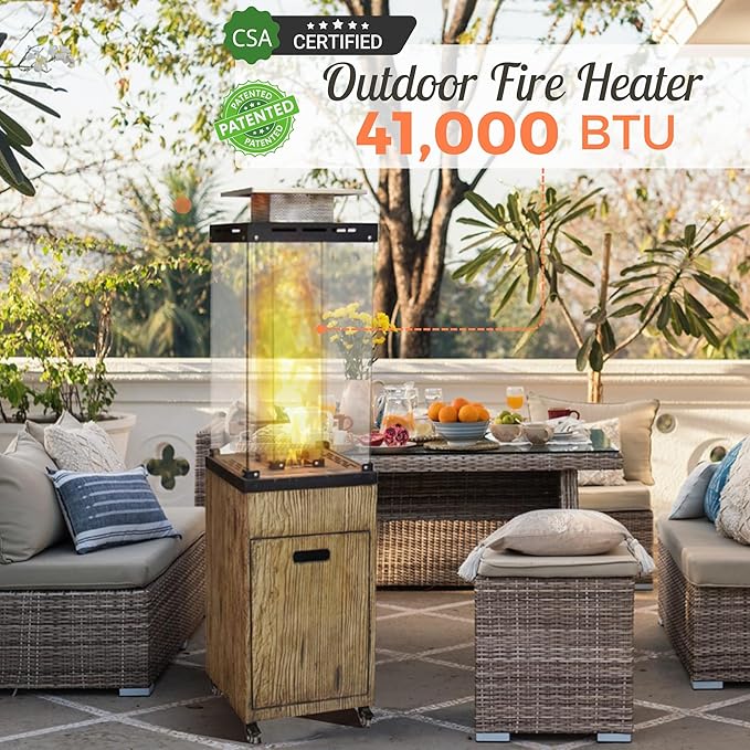Afterglow Outdoor Patio Propane Fire Heater with Weather Cover Glass 41000 BTU Fireplace Patented &amp CSA Certificated Wood Grain Brown