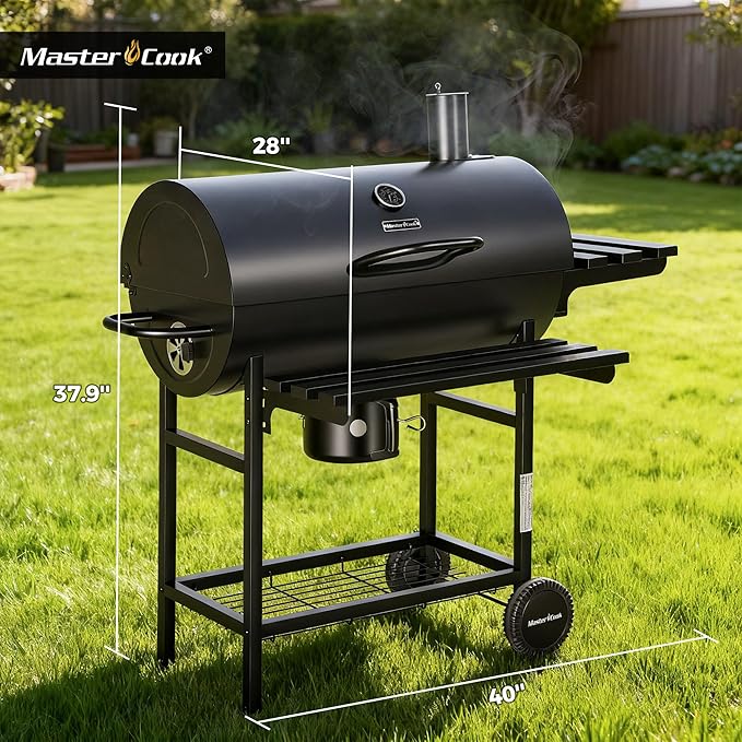 MASTER COOK Barrel Charcoal Grill with Foldable Front Shelf 686 Sq.in. Cooking Area Outdoor bbq GrillThermometer and Adjustable Air Vents for Patio PartiesBackyard Tailgating Black