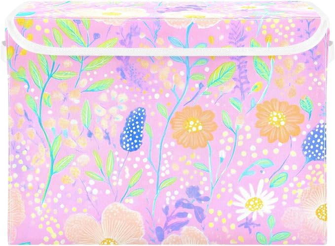 AIXIWAWA Lidded Storage Cube (Cartoon Florals) Fabric Foldable Closet Bins with Flip Lid and Handles Organizer Basket Container 16.5 x 12.6 x 11.8 IN