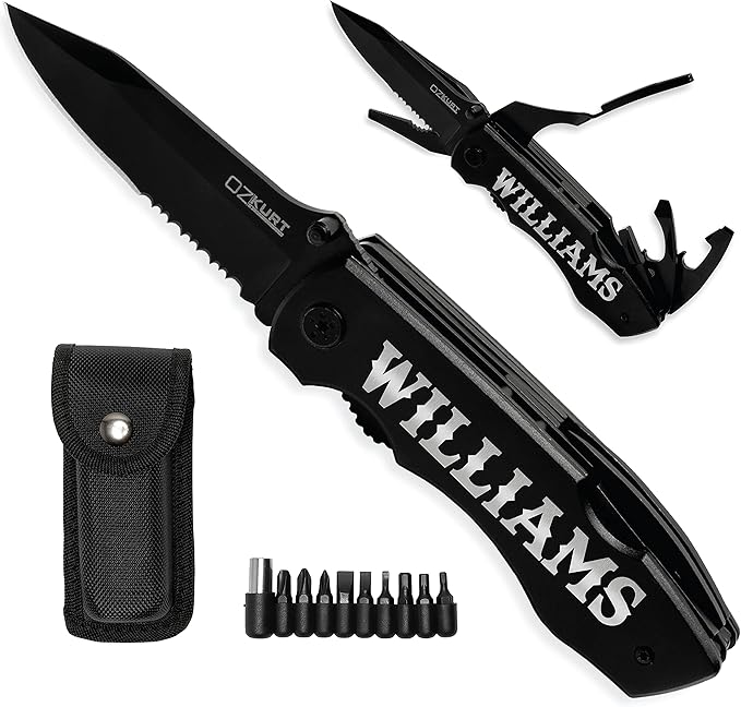 Personalized Multitool Knife w/Engraved Name in 20 Fonts 9 In 1 Multi Tool Plier Knife with Pliers Screwdriver Set &amp Belt Case Camping &amp Fishing Gifts for Him Christmas Gifts for Men