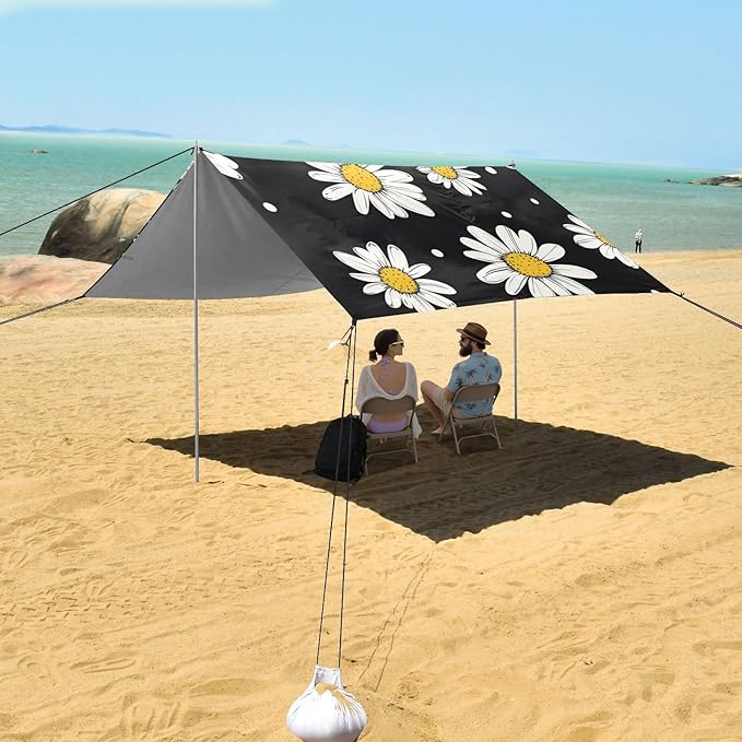 ALAZA Hand Drawn Daisy with Dots Doodle Beach Tent Sun Shelter Portable Canopy Sunshade for Outdoor Camping Picnics Backyard Fun 10x9 ft