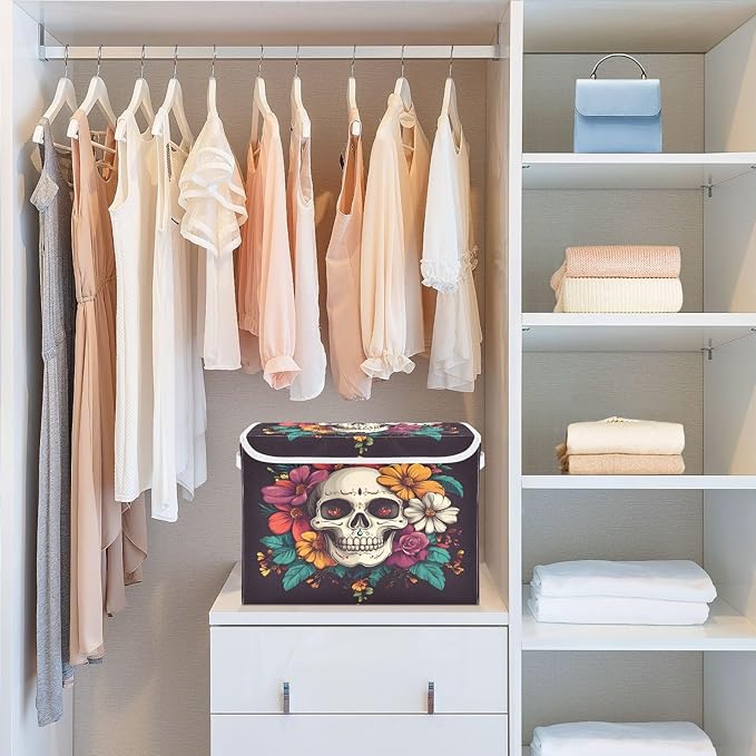senya Large Storage Bins with Linen Halloween Skull Flower Collapsible Foldable Storage Cubes Fabric Closet Organizer Containers Box with Flip-Top Lid for Home Bedroom Office 16.7 x 12.6 x 11.8in