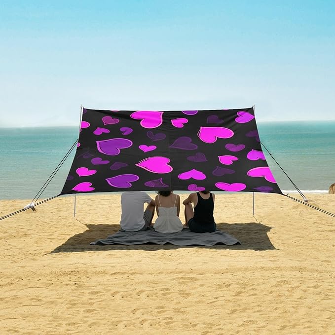 Beach Canopy with Windproof Ropes &amp Sandbags Beach Tent Sun Shade Sun Shelter for Camping Trips Fishing Backyard Fun or Picnics Heart
