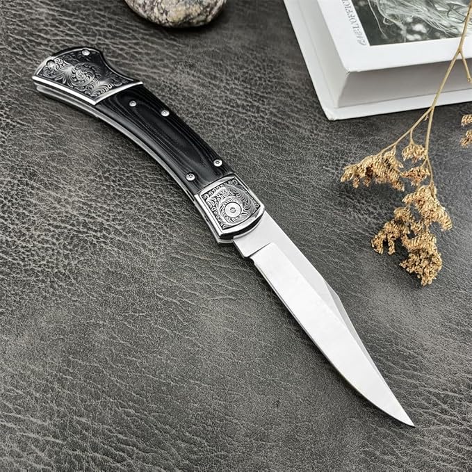 3.35'' High Hardness D2 Steel Blade Mikata Handle Outdoor Pocket Folding Knife Camping Rescue Self Defense Tactical Tool with Leather Sheath