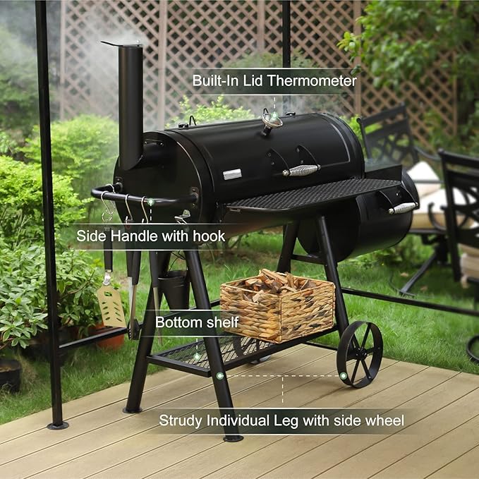 MFSTUDIO Heavy Duty Charcoal Wood Offset Outdoor Smoker Grill Extra Large Charcoal Grill with Smoker Combo for BBQ Grilling 941 SQ.IN.