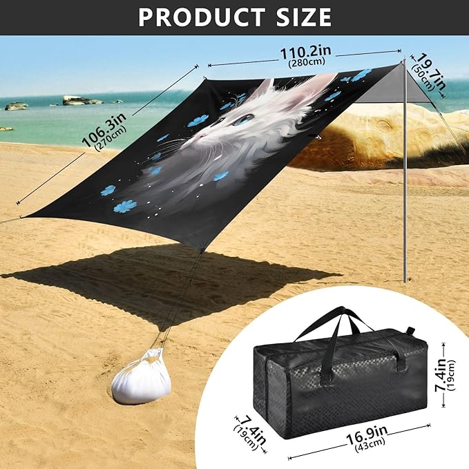 ALAZA White Cat Beach Tent Sun Shelter UPF50+ Protection Beach Shade Canopy w/ 4 Sandbags for Outdoor Camping Fishing Backyard Fun Picnic 10x9 ft