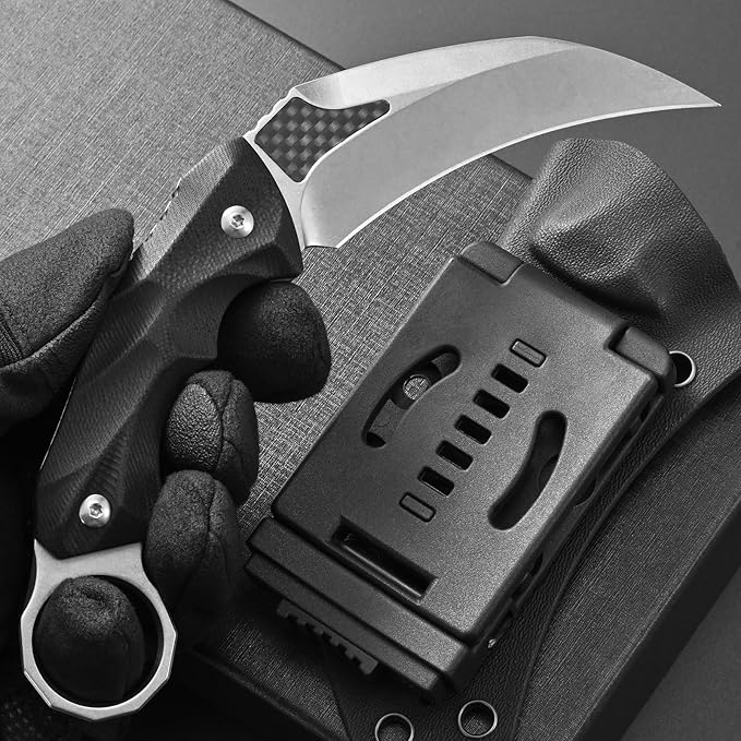 Ccanku C1692 Carbon Fiber Fixed Blade KnifeD2 Steel G10 Handle 4 Inches Camping EDC Tools Survival Claw Teeth Knife with Kydex Sheaths(Silver) … …