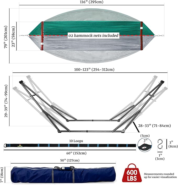 Tranquillo Combo x2 Hammocks with Stand for Outside &amp Tree Straps Heavy Duty Hammock with Stand 600lbs for Indoor Outdoor Patio Backyard x2 Hammocks for 2 Person (Combo - Peacock Medium)