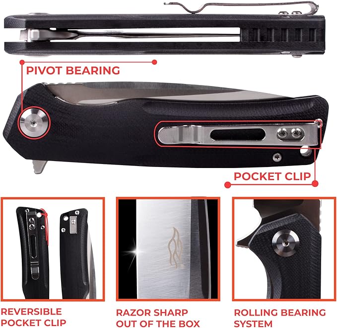 Firebird GANZO FH91-BK Ball Bearing Pocket Folding Knife D2 Steel Blade Ergonomic G10 Anti-Slip Handle with Clip Camping Fishing Hunting Outdoor Flipper EDC Pocket Knife (Black)