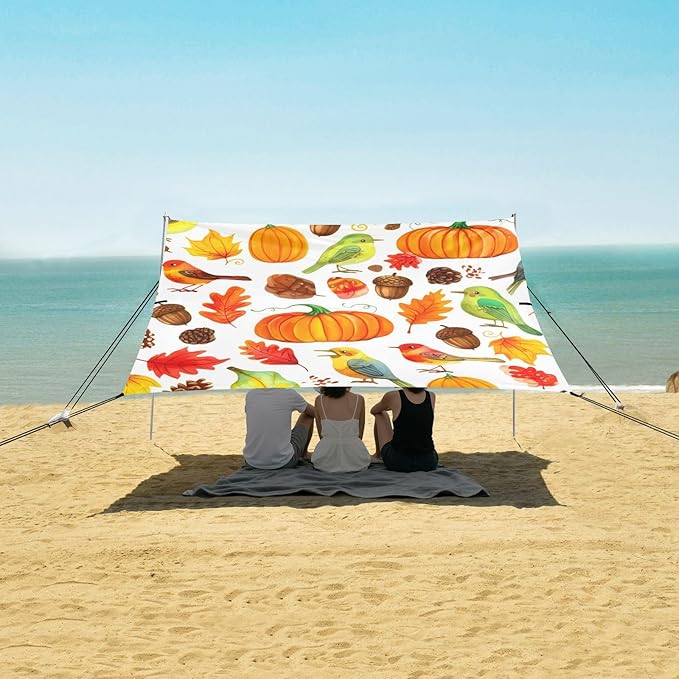Beach Canopy with Windproof Ropes &amp Sandbags Beach Tent Sun Shade Sun Shelter for Camping Trips Fishing Backyard Fun or Picnics Pumpkins