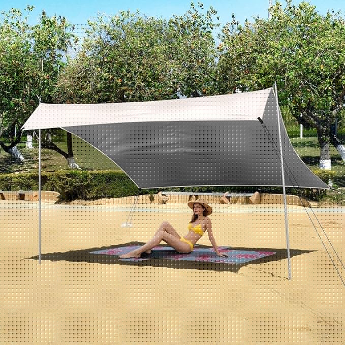 Sea Shell White Foldable Beach Tent UPF50 Lightweight Large Sun Shelter with Sand Shovel Sandbags for Camping Picnics Backyard