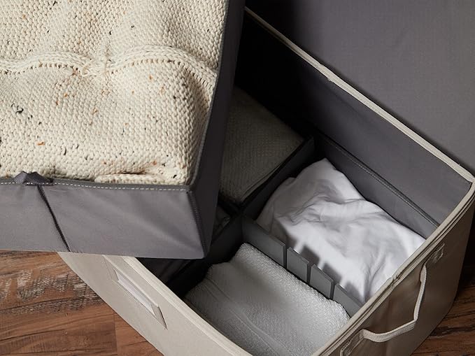 Covermates Keepsakes Adjustable Zip-Top Storage Box FlexGrid Organizer Compartments Heavy Duty Polyester Stackable Design ID Window Reinforced Handles Beige Heather