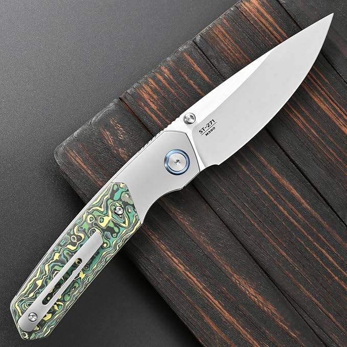 Sitivien ST271 Folding Knife M390 Steel Blade Titanium &amp Carbon Fiber Handle Knife with Pocket Clip for Men Women Outdoor Camping Hiking Survival(Green)