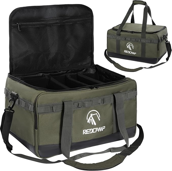 REDCAMP Camping Tote Organizer 35L Tactical Duffel Bag Waterproof Camp Storage Organizer with 3 Adjustable Dividers and Shoulder Strap for Outdoor Transport Army Green