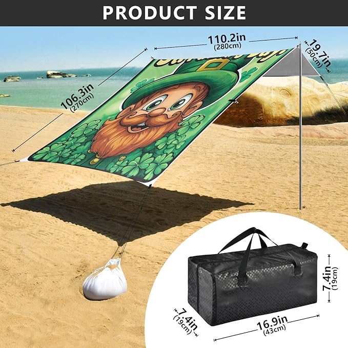 St Patrick's Day Cartoon Leprechaun Beach Tent Sun Shelter Set UPF50+ UV Protection 10.5 x 9.19 FT Camping Shade Canopy with Sandbags Sand Anchors Carrying Bag and Others
