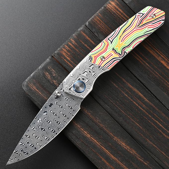 Sitivien ST271 Damascus Steel Blade Folding Knife Damascus &amp Colorful G10 Handle with Ball Bearing for Men Women Outdoor Camping Hiking Fishing(Color)