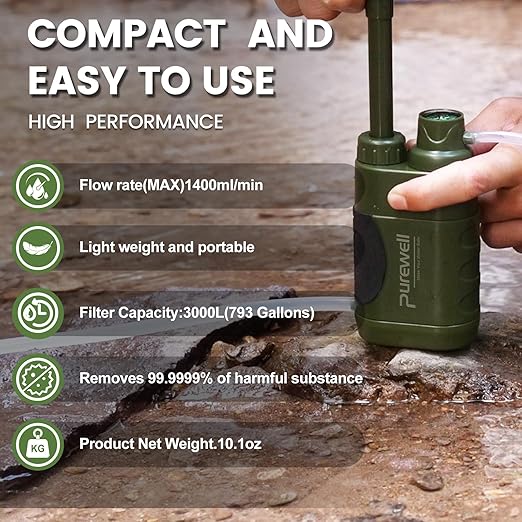 Purewell Water Hand Purifier Pump with Replaceable Carbon 0.01 Micron Water Stages Portable Outdoor Emergency and Survival Gear - Camping Hiking Backpacking(Green)
