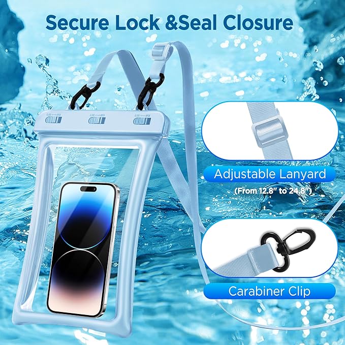 CACOE [Floatable Floating Universal IPX8 Waterproof Phone case 2 Pack-Up to 10.0Adjustable Lanyard Phone PouchDry Bags for Vacation Beach Pool Kayak Cruise Travel Essentials（White+Light Blue）