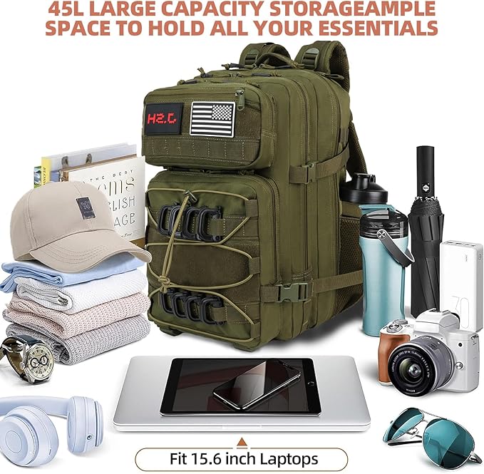 J.SH Large Military Tactical Backpack for Men EDC MOLLE Backpack 900D Oxford Nylon 3-Day Assault Rucking Pack Heavy-Duty Tactical Gear for Outdoor HikingRugged Survival&ampBug Out Bag-45L Army G