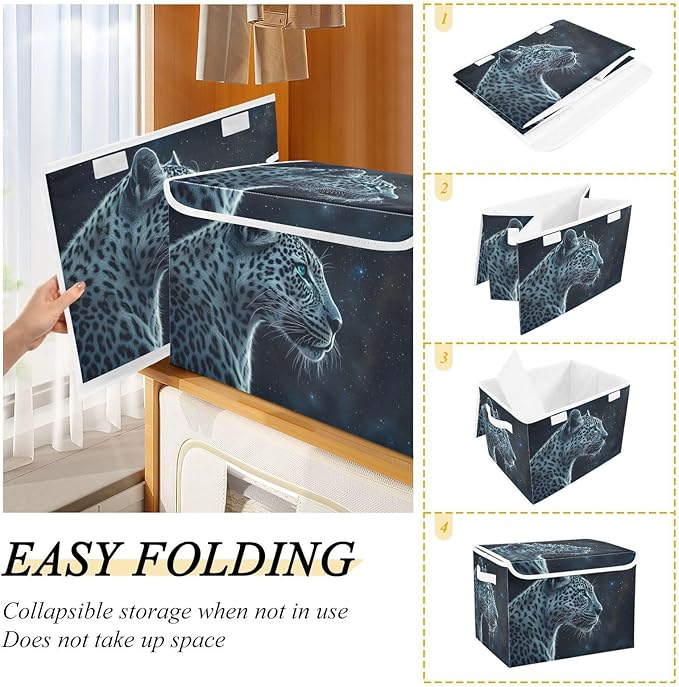 Storage Cube with Lid Night Leopard Print 16.5×12.6×11.8 IN Collapsible Large Capacity Foldable Storage Basket Bin Organizer