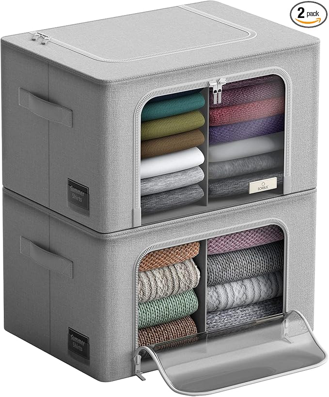 Sorbus Storage Bins with Divided Interior - Large Stackable &amp Foldable Organizer Containers with Metal Frame Oxford Fabric Large Window &amp Carry Handles - Organization for Bedroom Linens &am