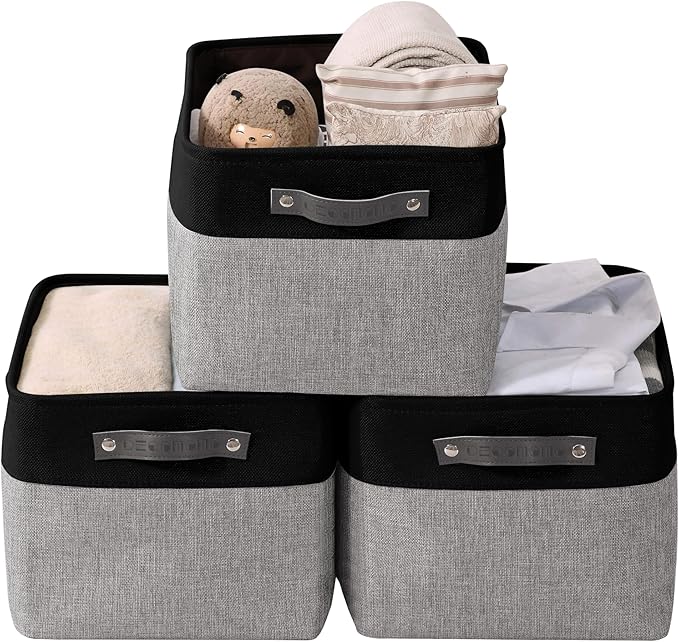 DECOMOMO Storage Baskets for Shelves - Fabric Storage Bins Linen Closet Organizers and Storage (Grey &amp Black XL - 3 Pack)
