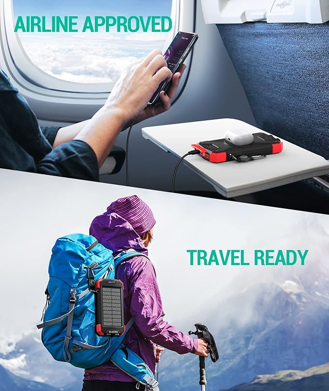 BLAVOR Solar Power Bank 10000mAh Portable Wireless Charger 20W Fast Charging External Battery Pack with USB C for Cell Phones Solar Panel Charging with Dual Flashlight for Camping