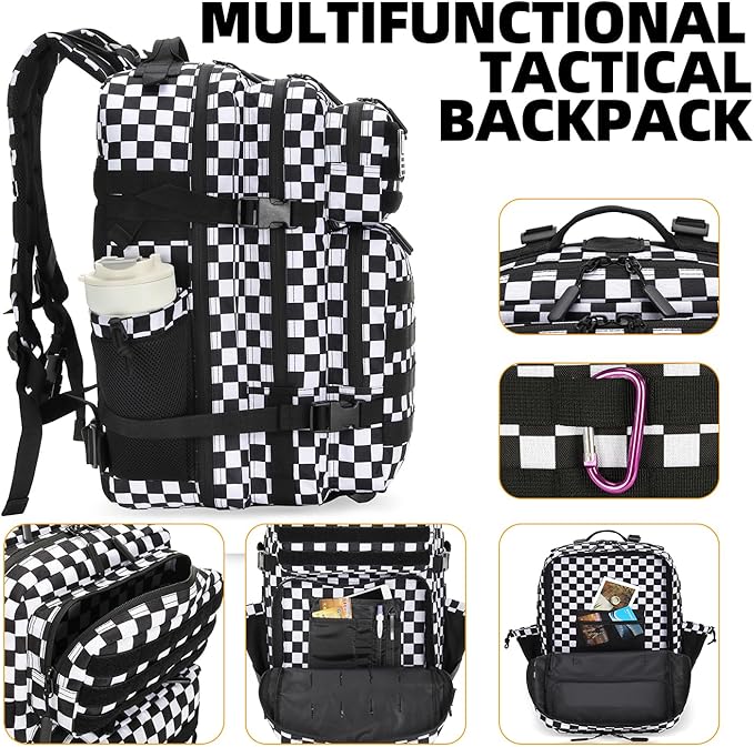 Lovelinks21 25L Tactical Military Backpack Small Travel Rucksack for Men and Women Assault Pack Bug Out Bag Molle Daypack Gym Backpack with Bottle Holder (Black White Checkered)