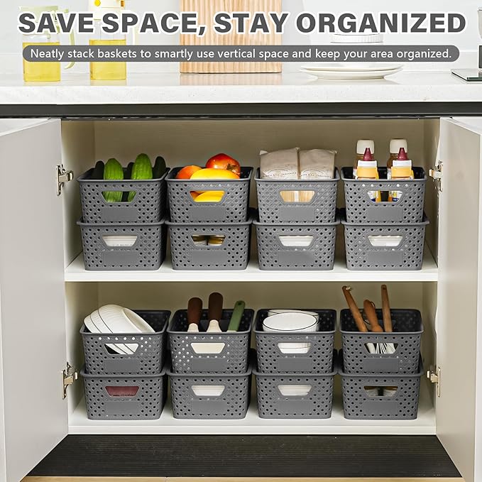 10 Pack Small Plastic Storage Bins with Lids Stackable Plastic Storage Baskets for Organizing with Handles Organizer Bins with Labels for RoomCraftContainers for Pantry Organizers and StorageGrey